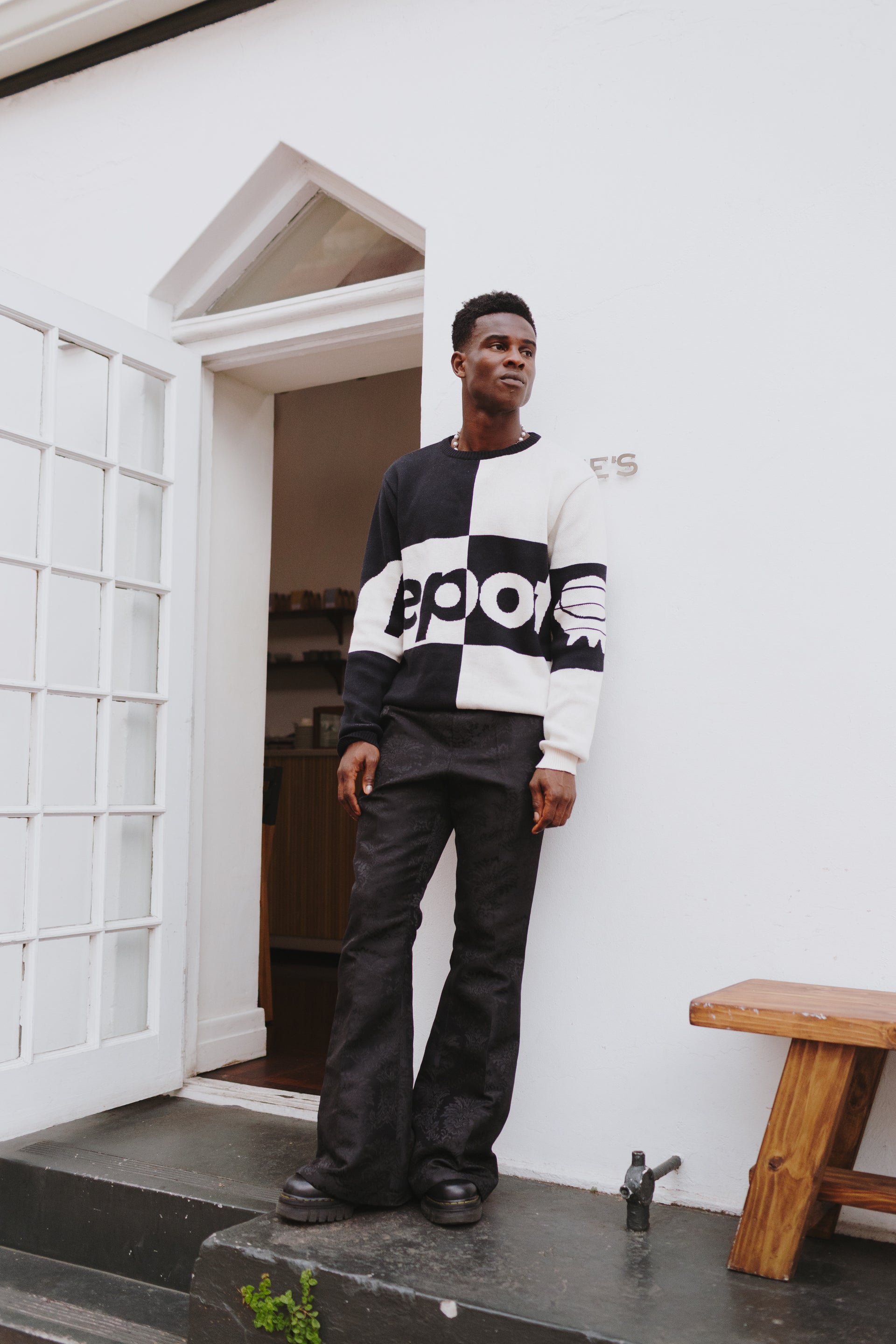 A/W 25 Lepot Chess-Inspired Jacquard Crewneck – Acru/Black
